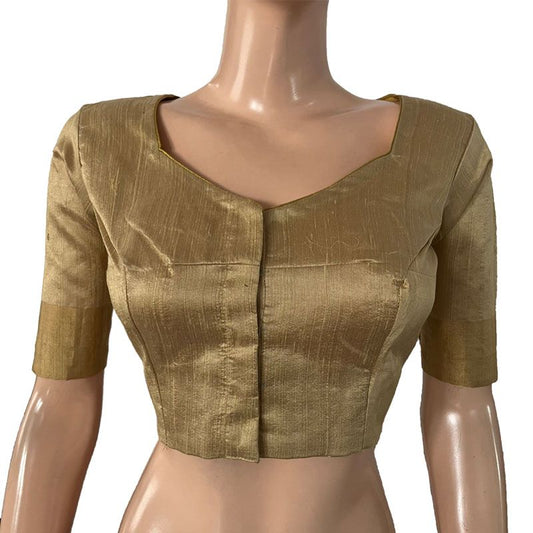 Pure Raw Silk Sweetheart neck Blouse with Keyhole back, Metal Embellishment & Lining , Beige - Gold , BS1178