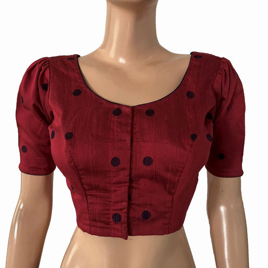 Semi Raw Silk Round neck Blouse with Woven thread Butta & Lining , V neck in back ,Puff sleeves & Potli Button Details , Maroon ,BS1181
