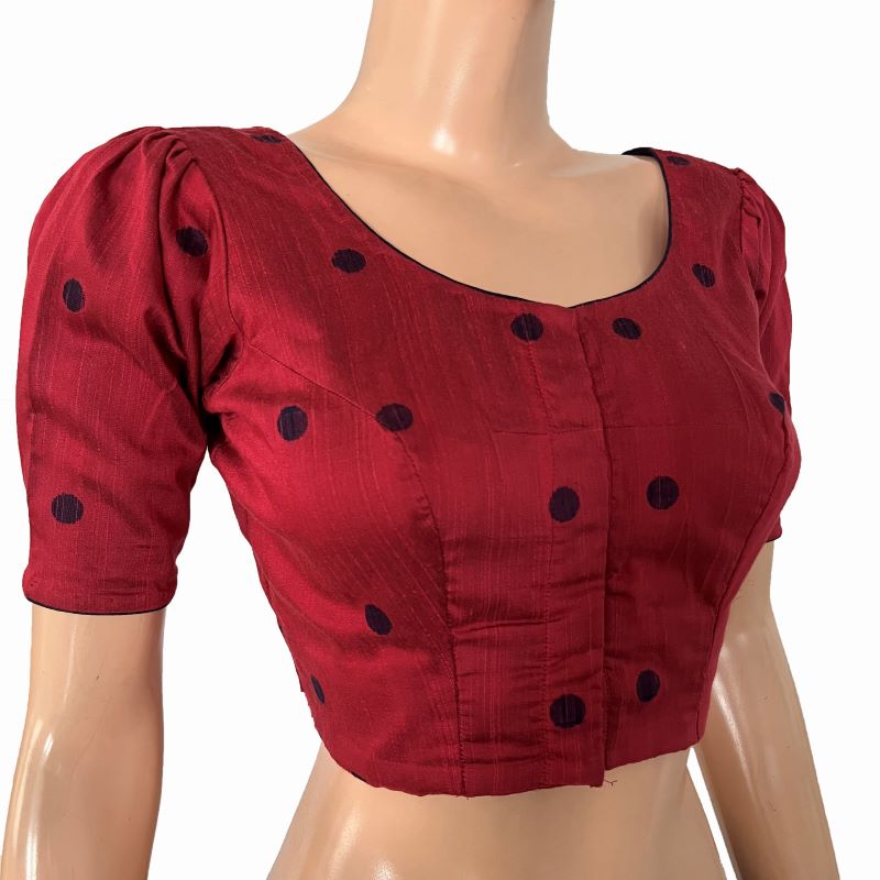 Semi Raw Silk Round neck Blouse with Woven thread Butta & Lining , V neck in back ,Puff sleeves & Potli Button Details , Maroon ,BS1181