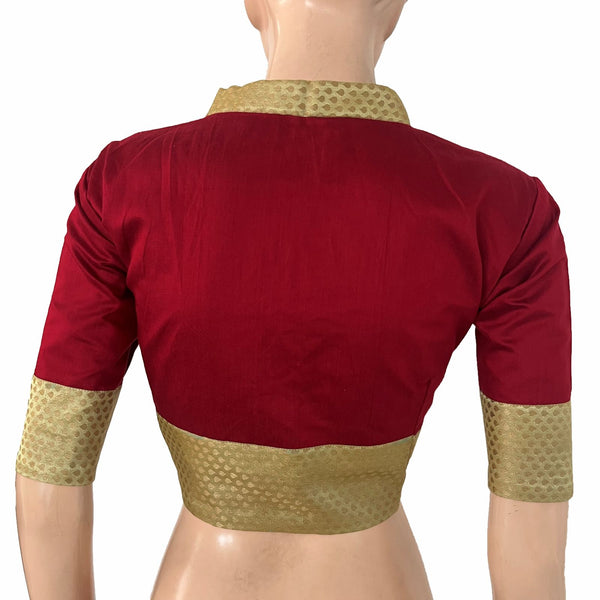 Art Silk V Collar with Banarasi Brocade Patches Blouse and  Lining, Beige -Maroon ,BS1185