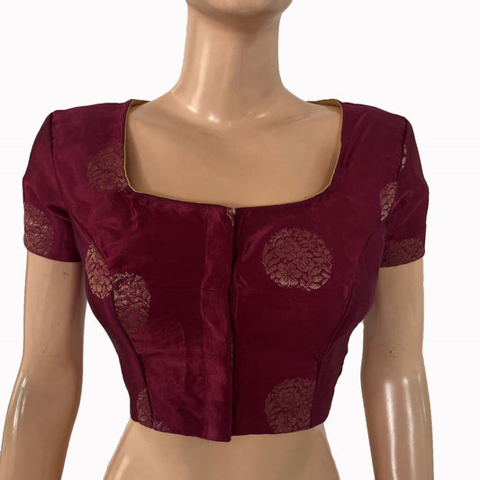 Mashroo Gajji Silk Square Neck Blouse with Golden Butta, Lining and Short Sleeves , Wine Color ,BS1193