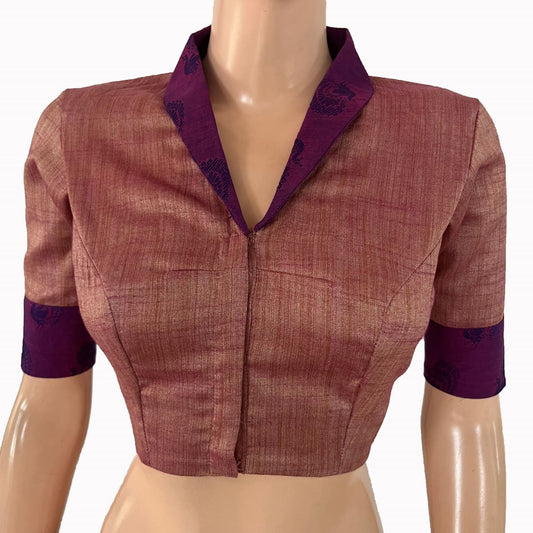 Silk Cotton Shawl Collar Jacquard Blouse with Lining , Pink ,BS1195
