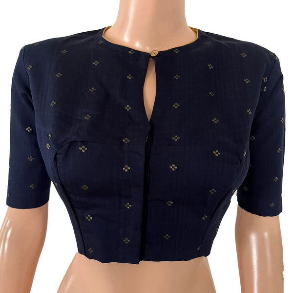 Semi Raw Silk Close neck Blouse with Golden Butta, Thread work Patch in the back & Lining, Navy Blue, BS1197