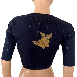 Semi Raw Silk Close neck Blouse with Golden Butta, Thread work Patch in the back & Lining, Navy Blue, BS1197