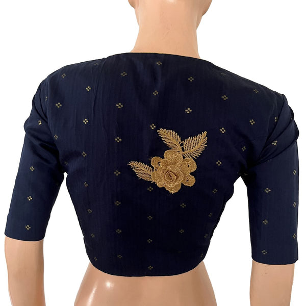 Semi Raw Silk Close neck Blouse with Golden Butta, Thread work Patch in the back & Lining, Navy Blue, BS1197