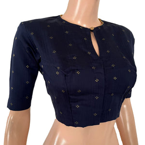 Semi Raw Silk Close neck Blouse with Golden Butta, Thread work Patch in the back & Lining, Navy Blue, BS1197