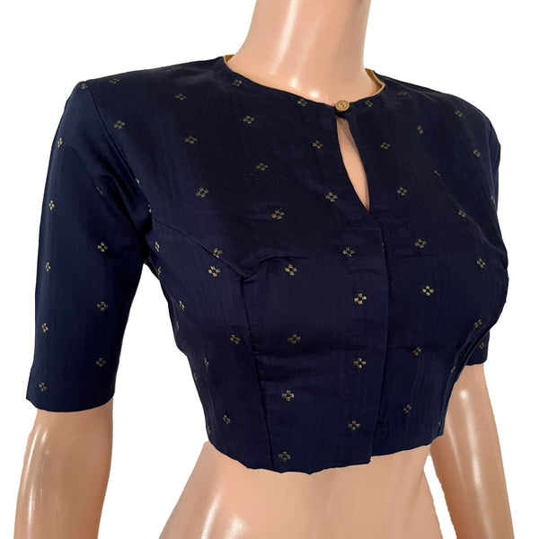 Semi Raw Silk Close neck Blouse with Golden Butta, Thread work Patch in the back & Lining, Navy Blue, BS1197