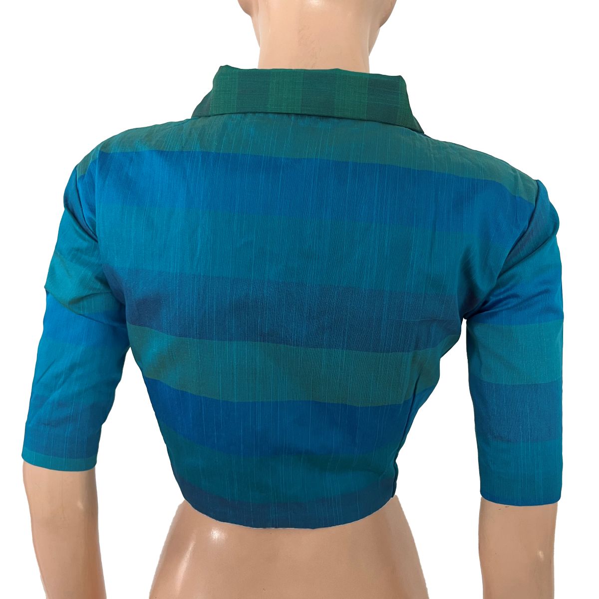 Semi Raw Silk Shawl Collar Blouse with Lining ,Blue- Green, BS1199