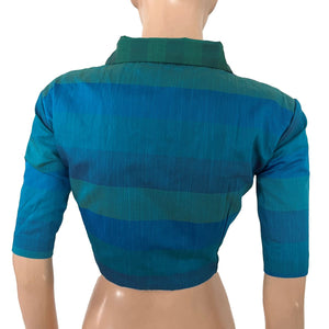 Semi Raw Silk Shawl Collar Blouse with Lining ,Blue- Green, BS1199