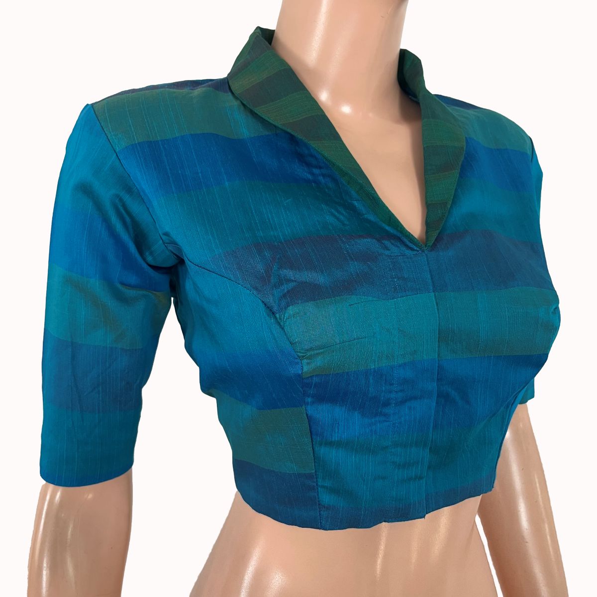 Semi Raw Silk Shawl Collar Blouse with Lining ,Blue- Green, BS1199