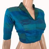 Semi Raw Silk Shawl Collar Blouse with Lining ,Blue- Green, BS1199