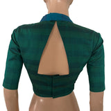 Semi Raw Silk Close Collar Back open Blouse with Lining , Teal Green, BS1200