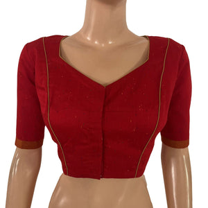 Semi Raw Silk Sweetheart Neck Blouse with Keyhole Back, Potli Button Details & Lining, Red, BS1201