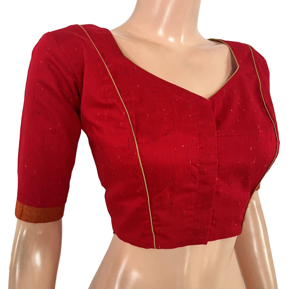 Semi Raw Silk Sweetheart Neck Blouse with Keyhole Back, Potli Button Details & Lining, Red, BS1201