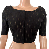 Semi Raw Silk Blouse with Front Boat Neck & Back V Neck, Metal Embellishments, Golden Butta & Lining, Black - BS1202