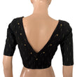 Semi Raw Silk Blouse with Front Boat Neck & Back V Neck, Metal Embellishments, Golden Butta & Lining, Black - BS1202