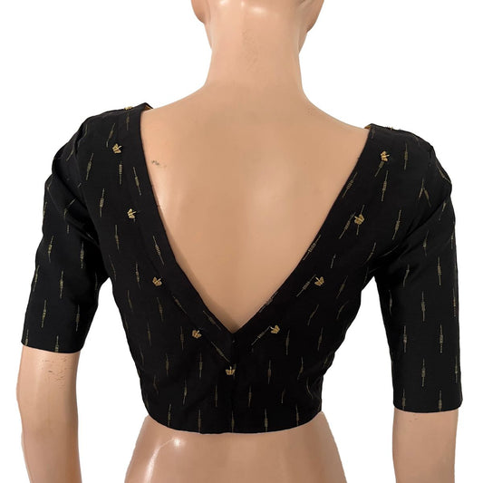 Semi Raw Silk Blouse with Front Boat Neck & Back V Neck, Metal Embellishments, Golden Butta & Lining, Black - BS1202