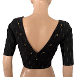 Semi Raw Silk Blouse with Front Boat Neck & Back V Neck, Metal Embellishments, Golden Butta & Lining, Black - BS1202