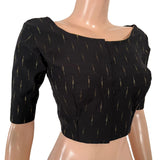 Semi Raw Silk Blouse with Front Boat Neck & Back V Neck, Metal Embellishments, Golden Butta & Lining, Black - BS1202