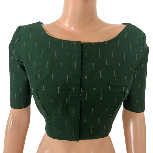 Semi Raw Silk Blouse with Front Boat Neck & Back V Neck, Metal Embellishments, Golden Butta & Lining, Bottle Green - BS1203