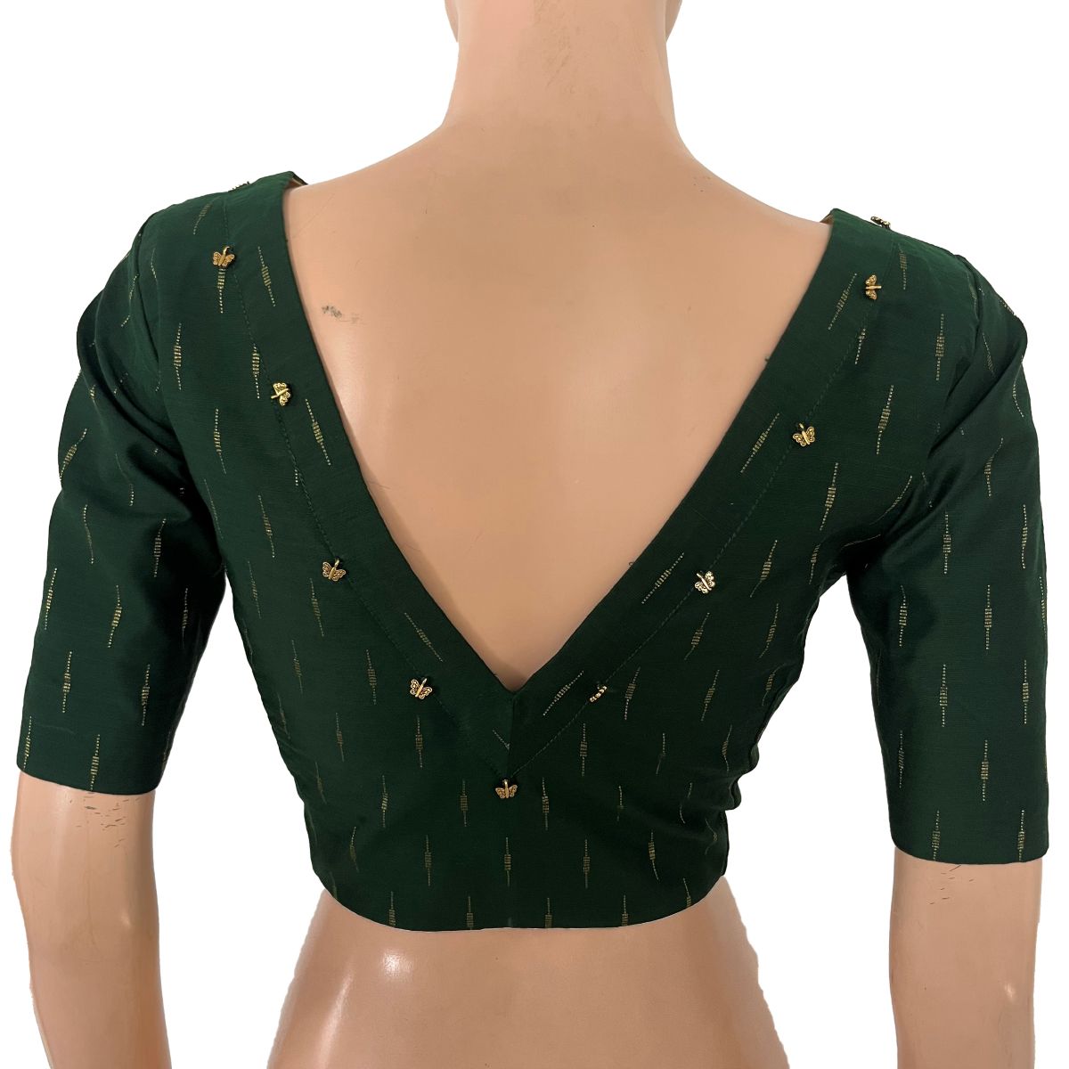 Semi Raw Silk Blouse with Front Boat Neck & Back V Neck, Metal Embellishments, Golden Butta & Lining, Bottle Green - BS1203