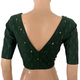 Semi Raw Silk Blouse with Front Boat Neck & Back V Neck, Metal Embellishments, Golden Butta & Lining, Bottle Green - BS1203