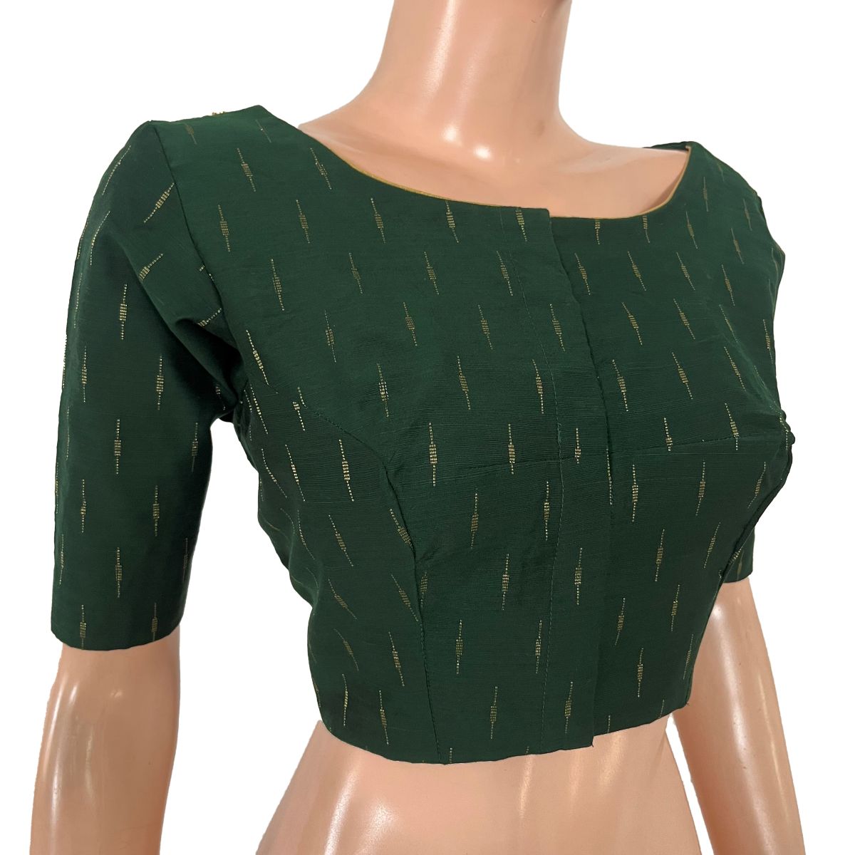 Semi Raw Silk Blouse with Front Boat Neck & Back V Neck, Metal Embellishments, Golden Butta & Lining, Bottle Green - BS1203