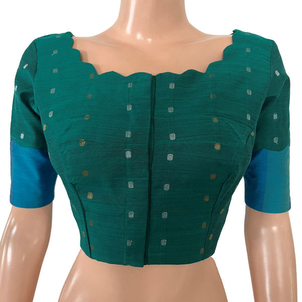 Semi Raw Silk Scallop -Boat Neck Blouse with Golden Butta & Lining, Teal Green, BS1204