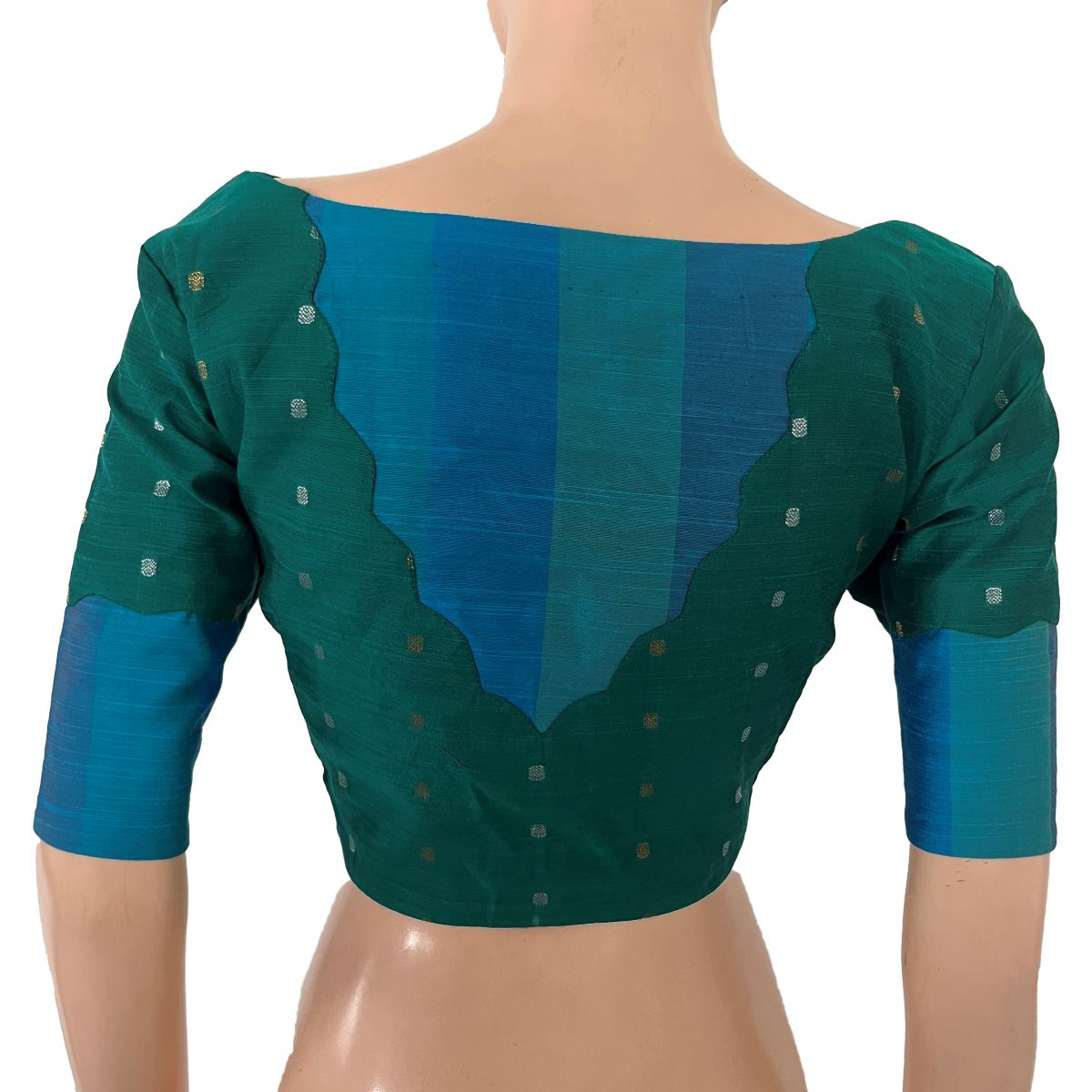 Semi Raw Silk Scallop -Boat Neck Blouse with Golden Butta & Lining, Teal Green, BS1204