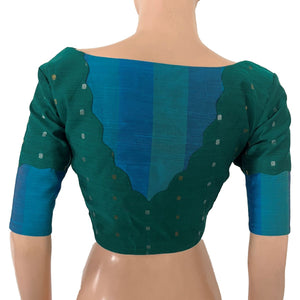 Semi Raw Silk Scallop -Boat Neck Blouse with Golden Butta & Lining, Teal Green, BS1204