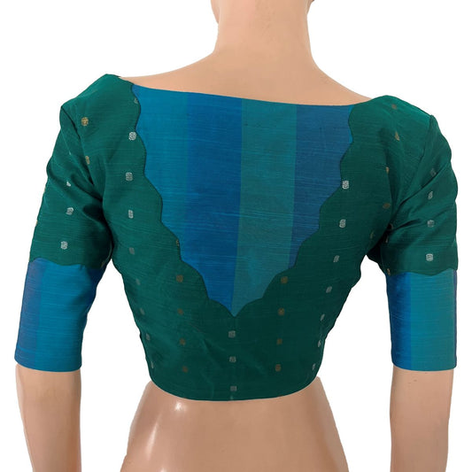 Semi Raw Silk Scallop -Boat Neck Blouse with Golden Butta & Lining, Teal Green, BS1204