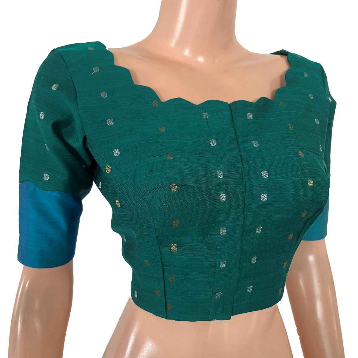 Semi Raw Silk Scallop -Boat Neck Blouse with Golden Butta & Lining, Teal Green, BS1204