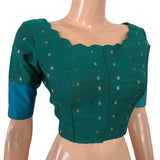 Semi Raw Silk Scallop -Boat Neck Blouse with Golden Butta & Lining, Teal Green, BS1204