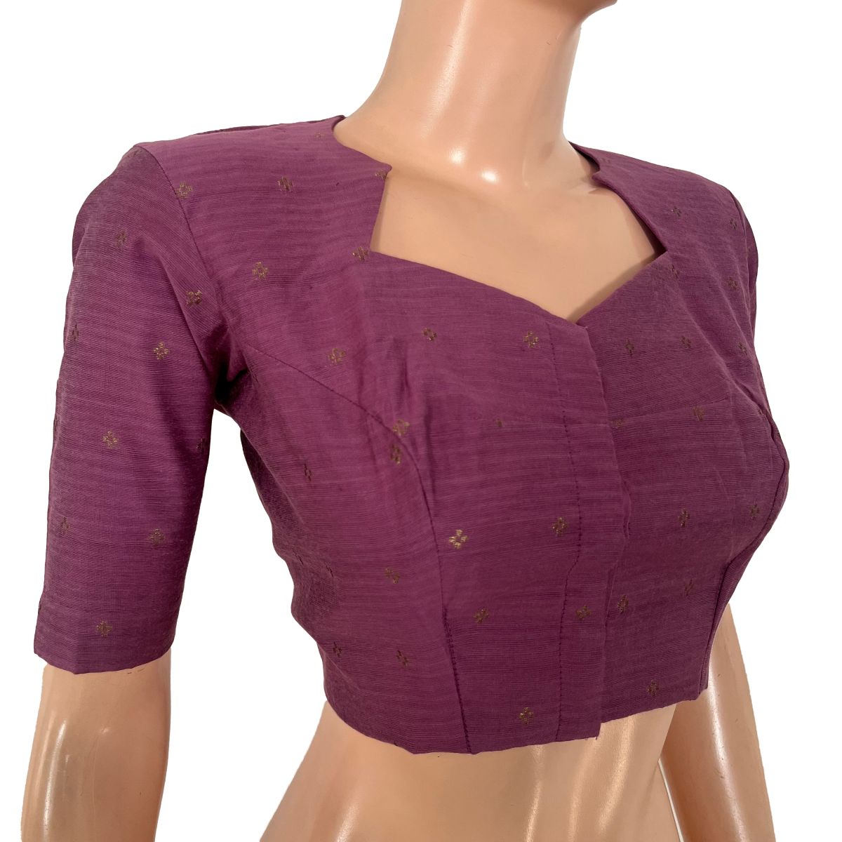 Semi Raw Silk Diamond Neck Blouse with Thread work Patch in back, Golden Butta & Lining, Lavender  - Pink, BS1205