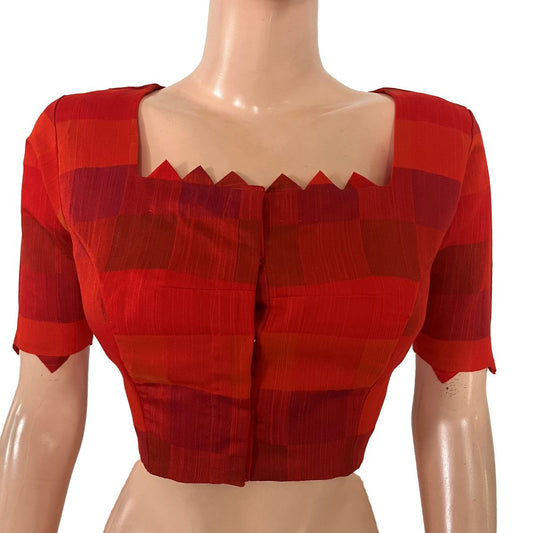 Semi Raw Silk Checkered Square Neck Blouse with Metal Embellishments & Lining, Orange - Red , BS1206