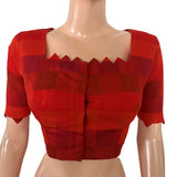 Semi Raw Silk Checkered Square Neck Blouse with Metal Embellishments & Lining, Orange - Red , BS1206