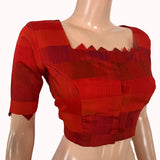 Semi Raw Silk Checkered Square Neck Blouse with Metal Embellishments & Lining, Orange - Red , BS1206