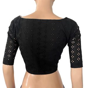 Hakoba Cutwork Cotton Boatneck Blouse with Lining, Black, BW1129