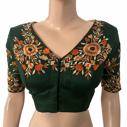 Embroidered  Cotton Silk V neck Blouse with  Lining,  Bottle Green, BW1142