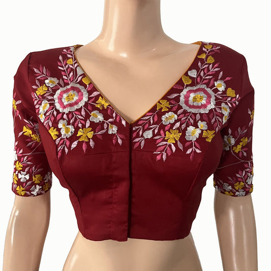 Embroidered  Cotton Silk V neck Blouse with  Lining,  Maroon, BW1143
