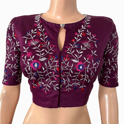 Embroidered Silk Cotton Close neck Blouse with  Lining,  Purple, BW1146