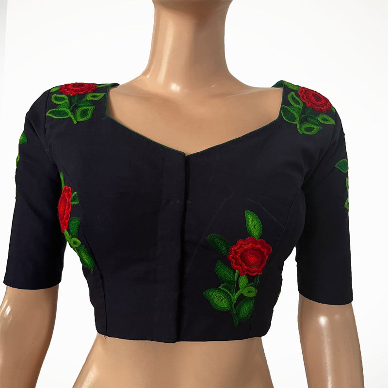 Embroidered  2 x 2 Cotton Sweetheart neck Blouse with  Lining,  Navy blue, BW1148