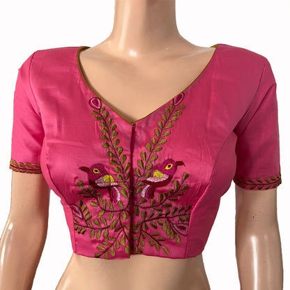 Embroidered Silk Cotton V neck Blouse with Short Sleeves & Lining,  Pink, BW1149