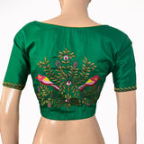 Embroidered Silk Cotton V neck Blouse with Short Sleeves & Lining,  Green, BW1150