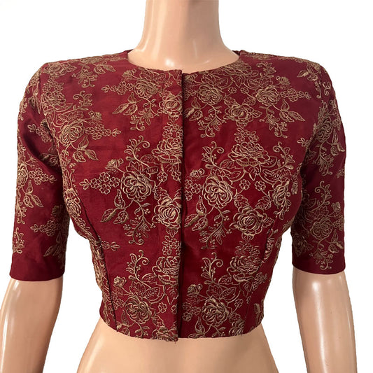 Pure Chanderi Silk Fully Embroidered Close neck Blouse with  Lining,  Maroon, BW1152