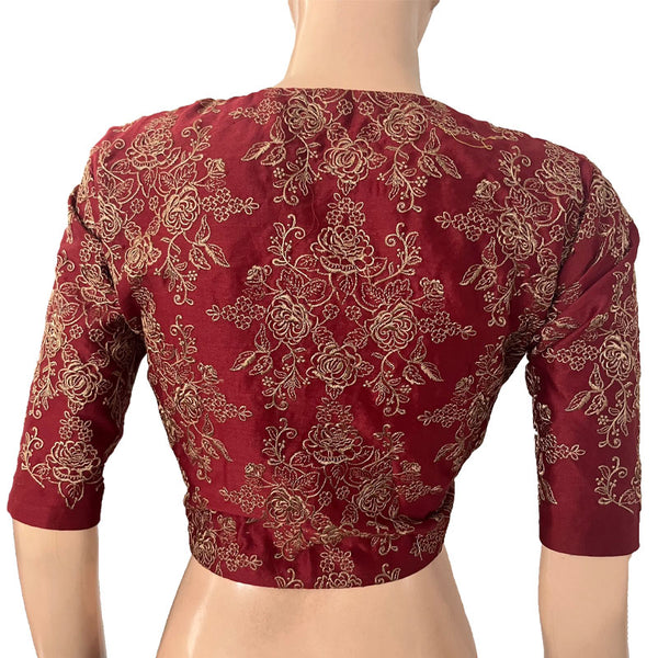 Pure Chanderi Silk Fully Embroidered Close neck Blouse with  Lining,  Maroon, BW1152