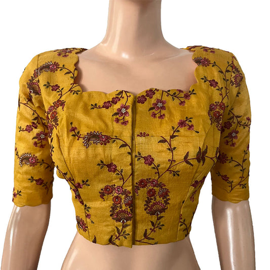 Pure Tusar Silk Embroidered Crop Top Blouse with Scallopneck & Lining,  Mustard, BW1153