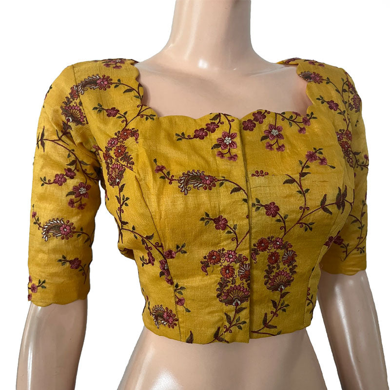Pure Tusar Silk Embroidered Crop Top Blouse with Scallopneck & Lining,  Mustard, BW1153