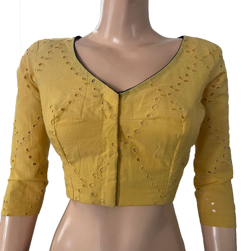 Cutwork Cotton V neck Blouse with Lining,  Mustard Yellow, BW1154