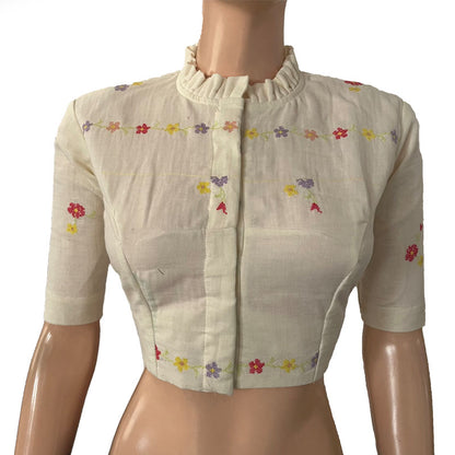 Embroidered Soft Cotton Frill collar Blouse with Lining,  Off White, BW1159